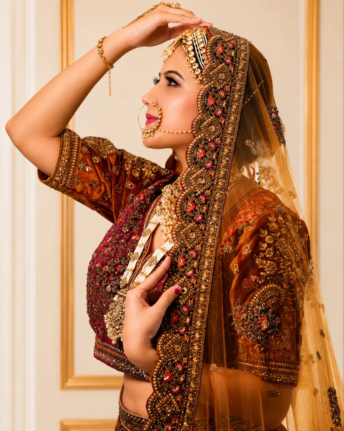 A Sunsky bride in gold and maroon, veil drawn