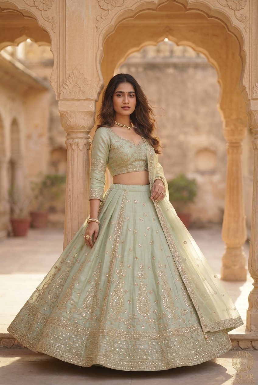A mint green lehenga photographed in a sandstone colonnade