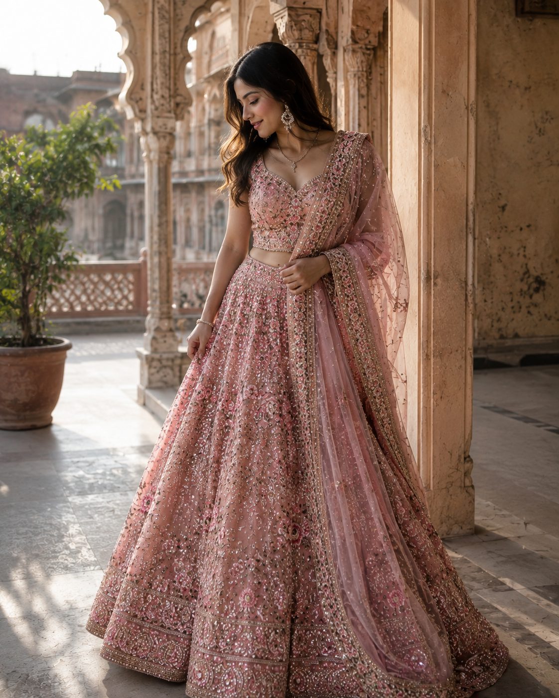 A blush lehenga photographed in a sandstone colonnade